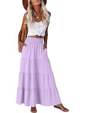 Anrabess Women's Light Purple High Waist A-Line Tiered Long Flowy Maxi Skirts